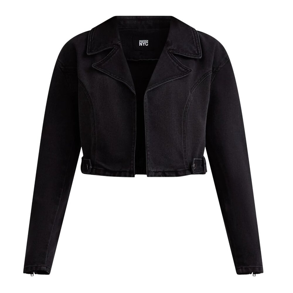 Madden NYC Women’s Cropped Denim Moto Jacket – Black Wash (Size L) - Picture 3 of 12